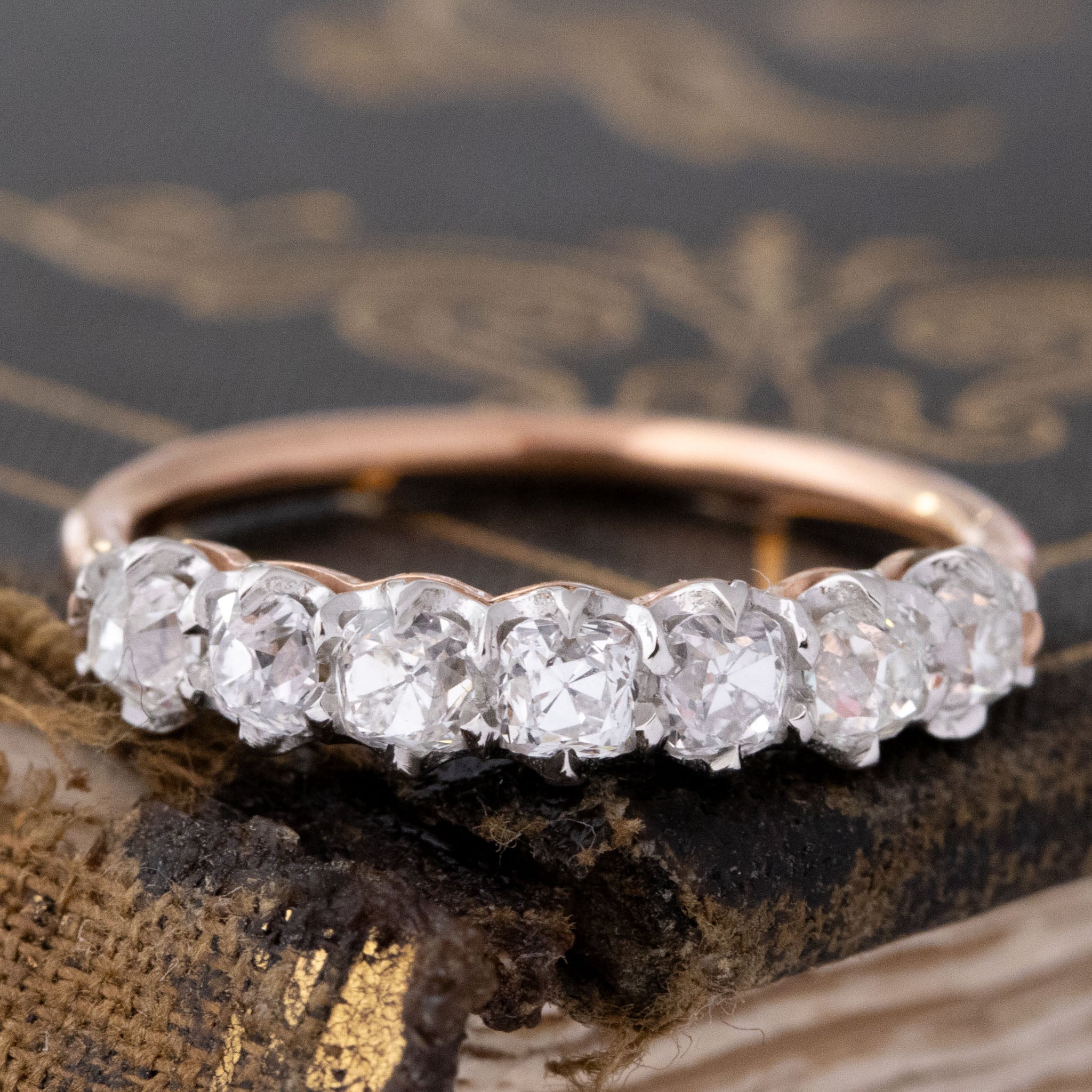 .96ctw Old Mine Cut Diamond 7-Stone Band with Old Mine Cut Diamonds in platinum & rose gold, antique-inspired one-of-a-kind wedding band