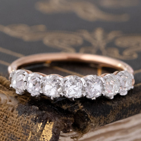 .96ctw Old Mine Cut Diamond 7-Stone Band with Old Mine Cut Diamonds in platinum & rose gold, antique-inspired one-of-a-kind wedding band