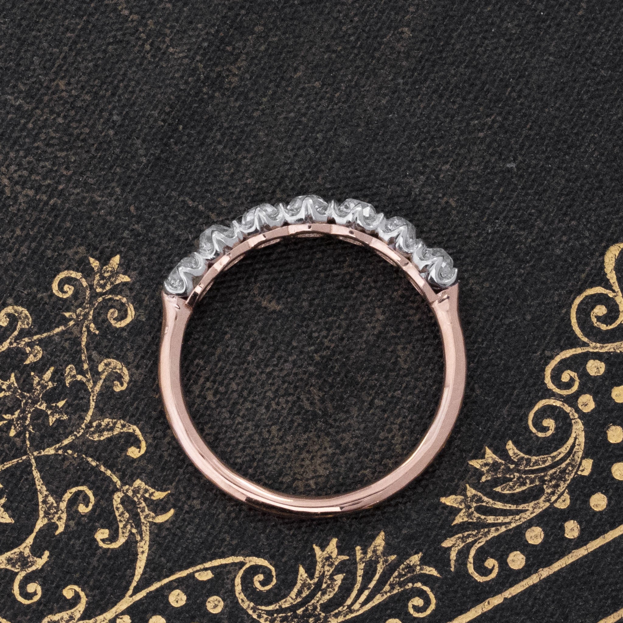 Side view of .96ctw Old Mine Cut Diamond 7-Stone Band, vintage-inspired band with Old Mine Cut Diamonds, crafted in platinum and rose gold