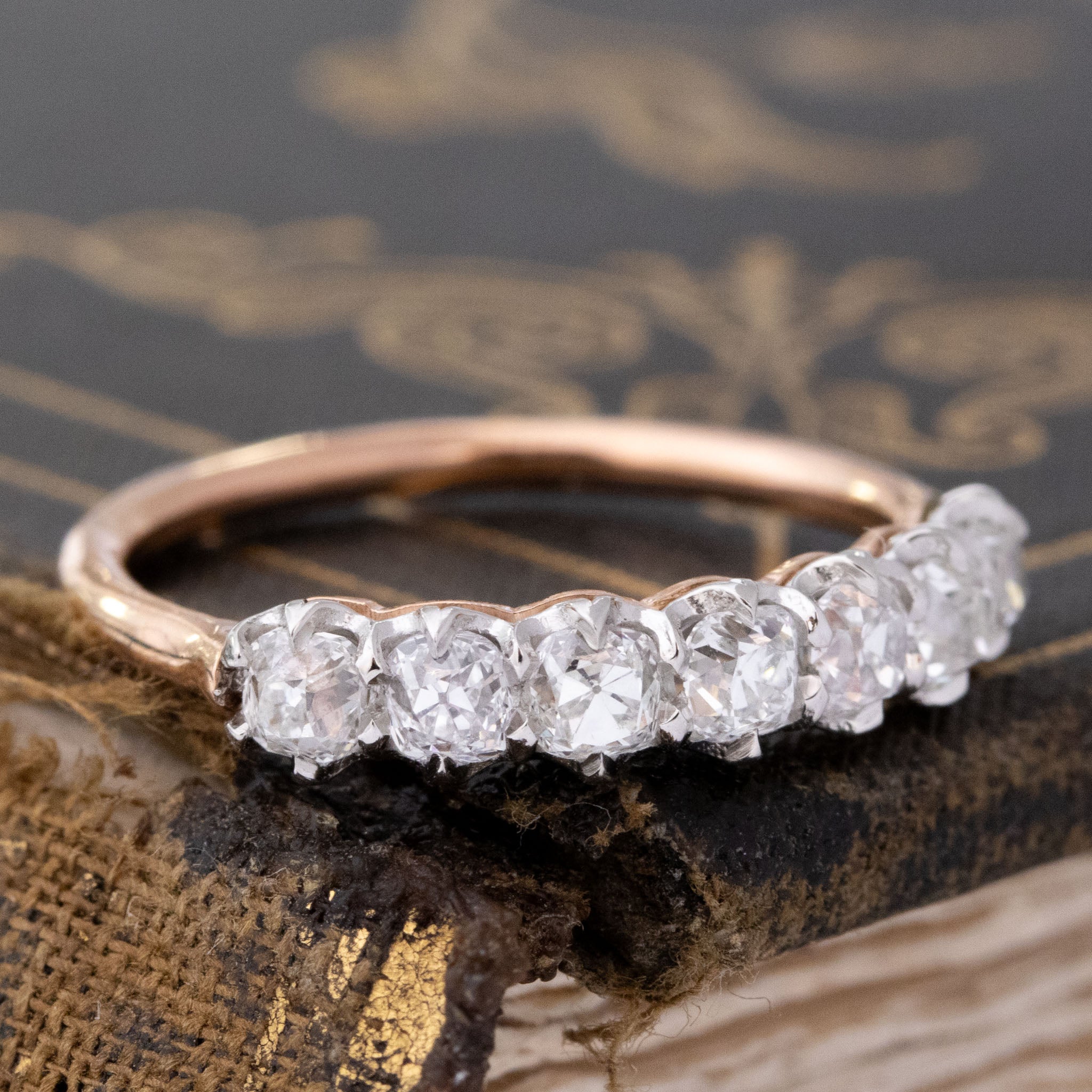 Historic style .96ctw Old Mine Cut Diamond 7-Stone Band wedding band with Old Mine Cut Diamonds, unique heirloom in platinum and rose gold