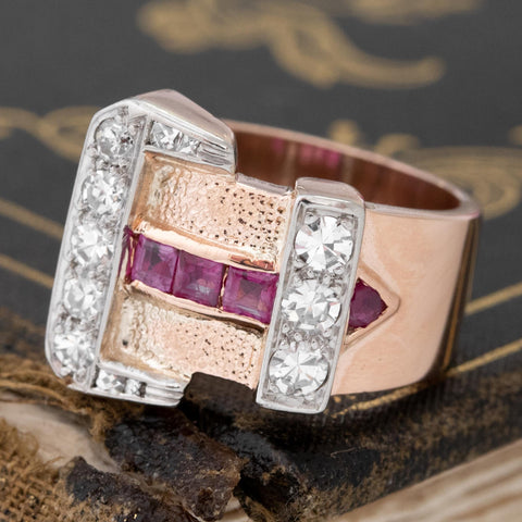 0.97ctw Retro diamond and calibre ruby buckle ring in 14kt rose and white gold – alternate view 5