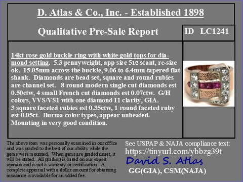 0.97ctw Retro diamond and calibre ruby buckle ring in 14kt rose and white gold – alternate view 4