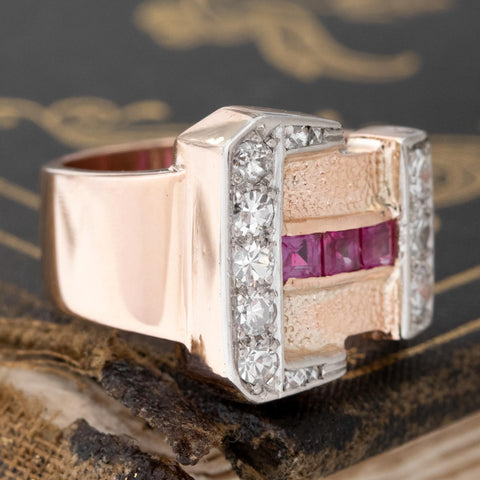0.97ctw Retro diamond and calibre ruby buckle ring in 14kt rose and white gold – alternate view 3