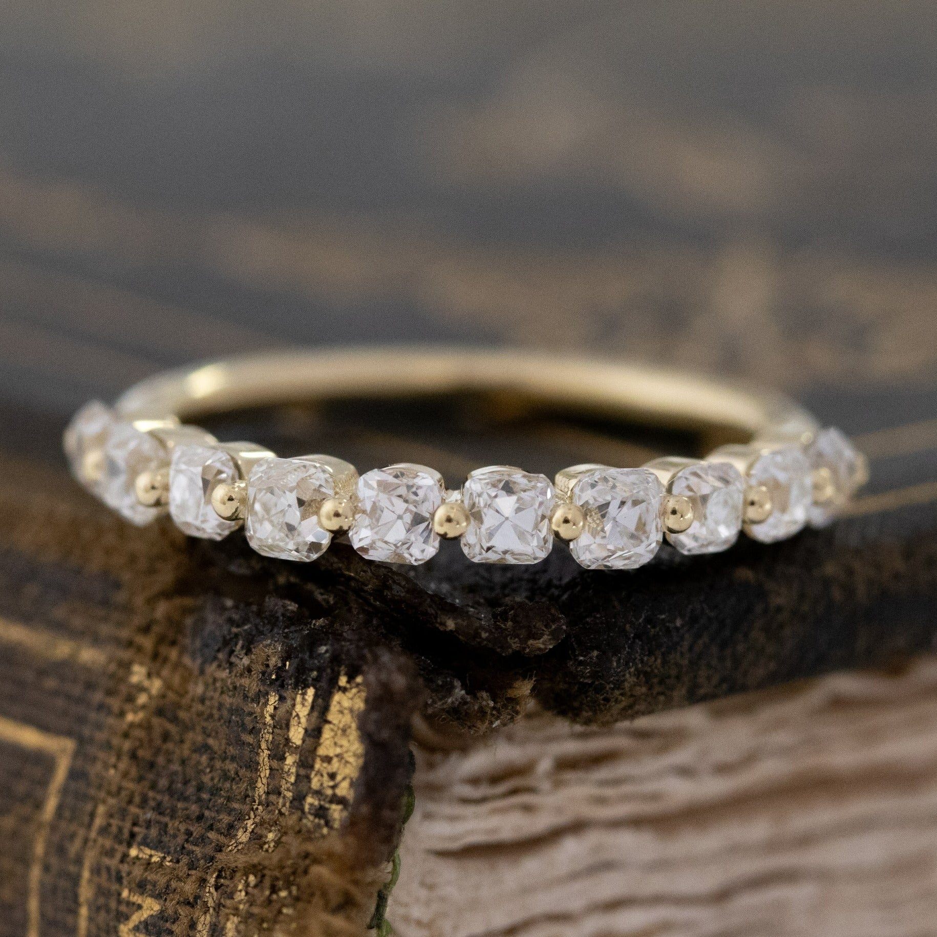 .97ctw Old Mine Cut Diamond Shared Prong Half-Hoop Band with Old Mine Cut Diamonds in yellow gold, antique-inspired one-of-a-kind wedding band