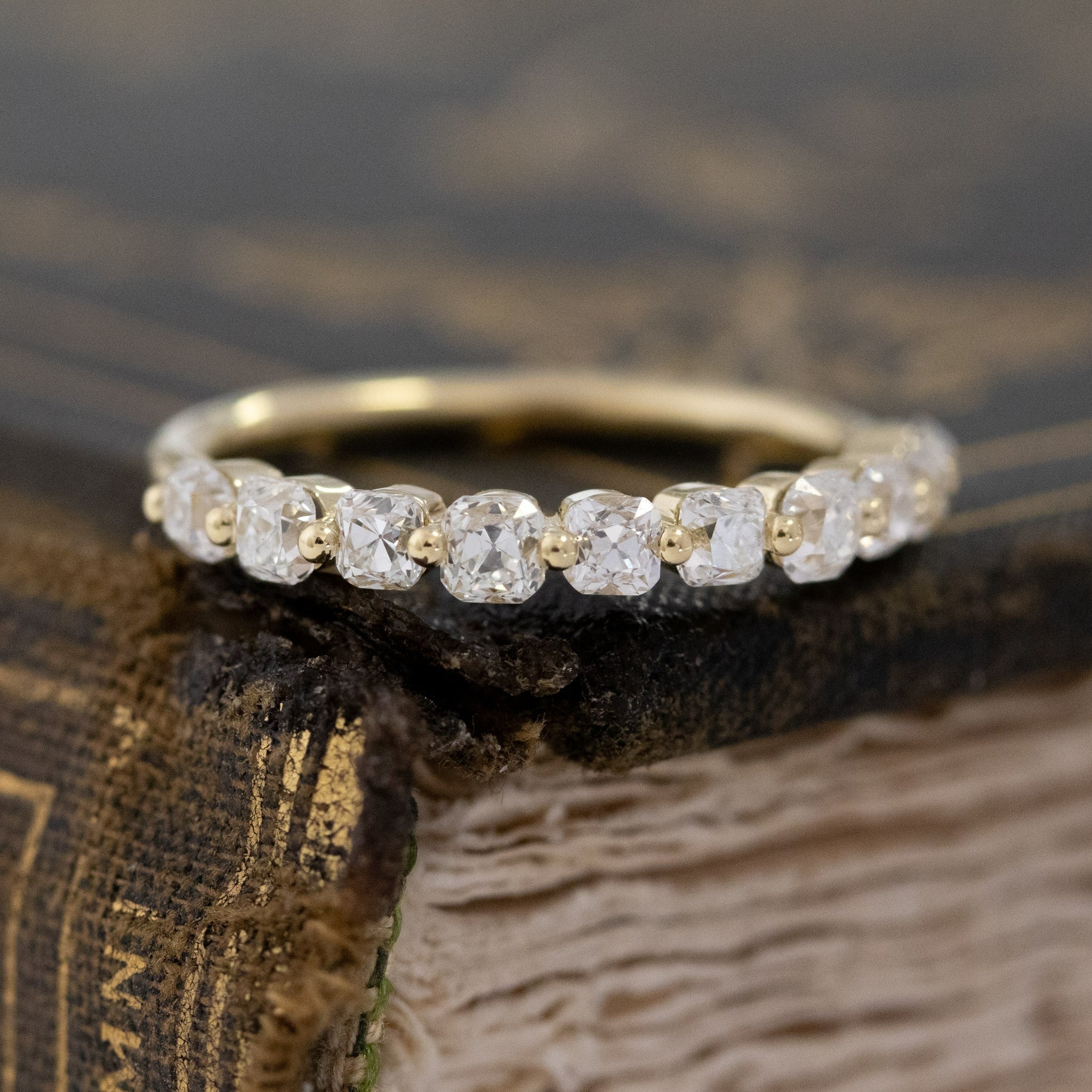 Historic style .97ctw Old Mine Cut Diamond Shared Prong Half-Hoop Band wedding band with Old Mine Cut Diamonds, unique heirloom in yellow gold