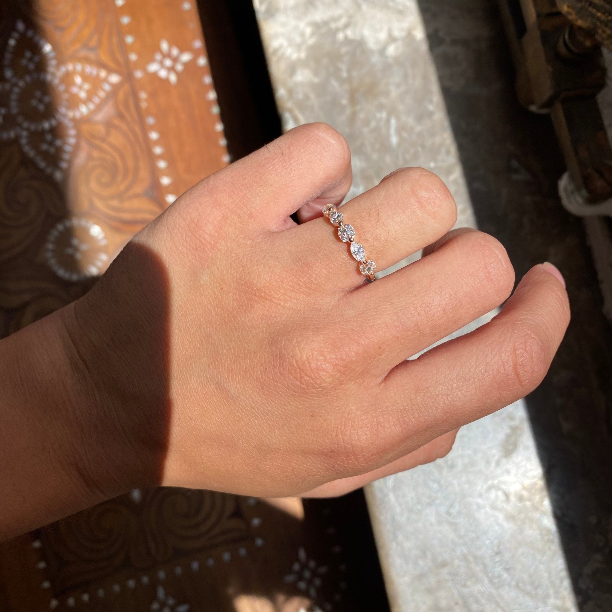 Elegant .98ctw Mixed Marquise & Old Mine Cut Diamond Band, romantic design with Old Mine Cut Diamonds, Earth-mined diamonds in rose gold shown on ring finger