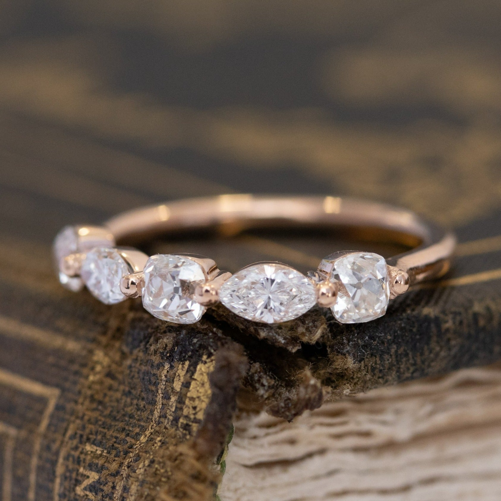 Antique lovers’ .98ctw Mixed Marquise & Old Mine Cut Diamond Band in rose gold, featuring rare Earth-mined Old Mine Cut Diamonds