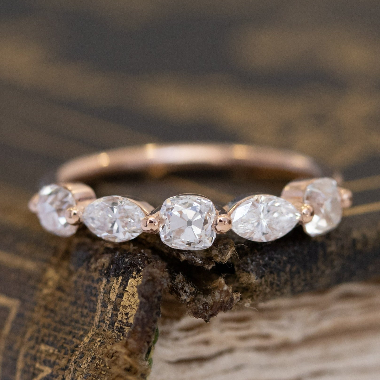 .98ctw Mixed Marquise & Old Mine Cut Diamond Band with Old Mine Cut Diamonds in rose gold, antique-inspired one-of-a-kind wedding band