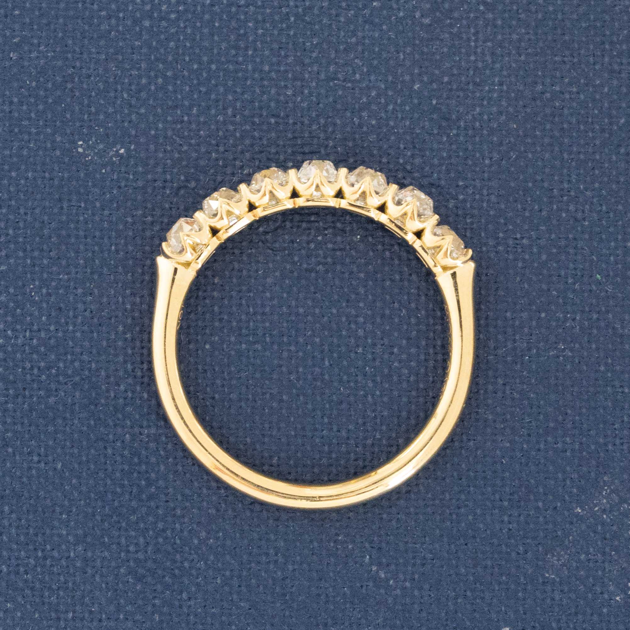 Side view of .99ctw Old Mine Cut Diamond 7-Stone Half-Hoop Band, vintage-inspired band with Old Mine Cut Diamonds, crafted in yellow gold