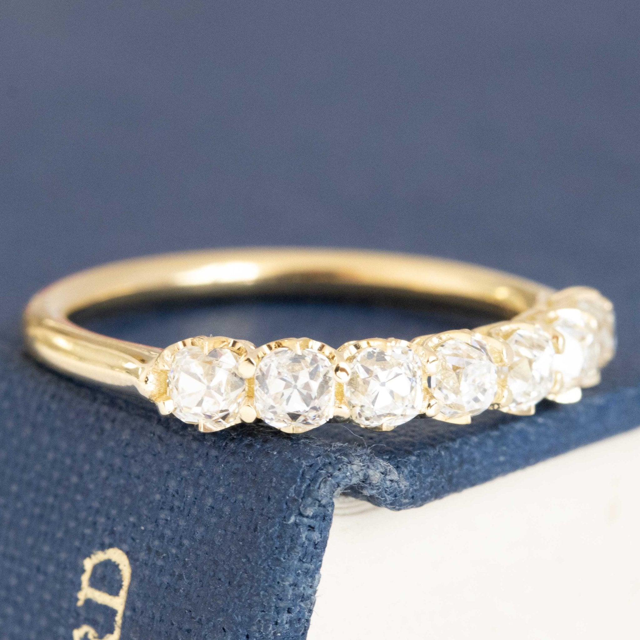 Historic style .99ctw Old Mine Cut Diamond 7-Stone Half-Hoop Band wedding band with Old Mine Cut Diamonds, unique heirloom in yellow gold
