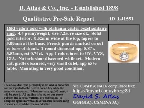 .74ct Round Brilliant Cut Diamond Bezel Solitaire, French