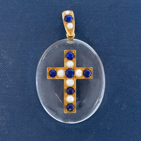 Antique Lapis & Pearl Rock Crystal Cross Pendant, c. 1878