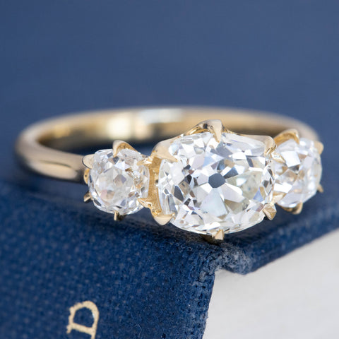 2.56ctw Old Mine Cut Diamond Trilogy Ring, GIA K SI2