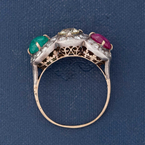 3.24ctw Antique Old European Cut Diamond, Emerald & Ruby Trilogy Ring