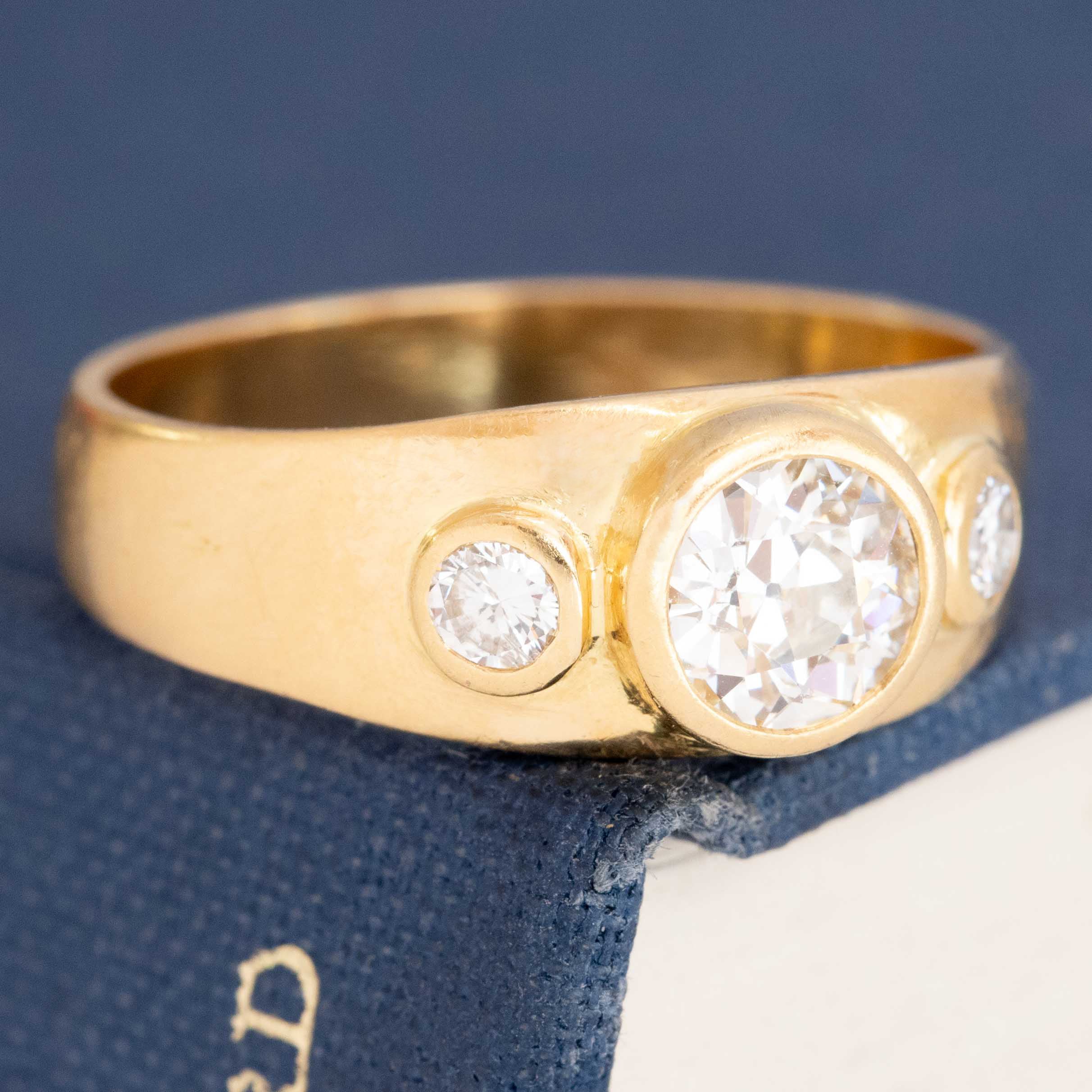 Vintage French trilogy ring with flush-set diamonds, gold band