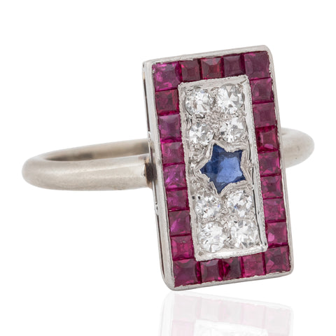 Vintage Star Diamond, Ruby & Sapphire Cluster Ring