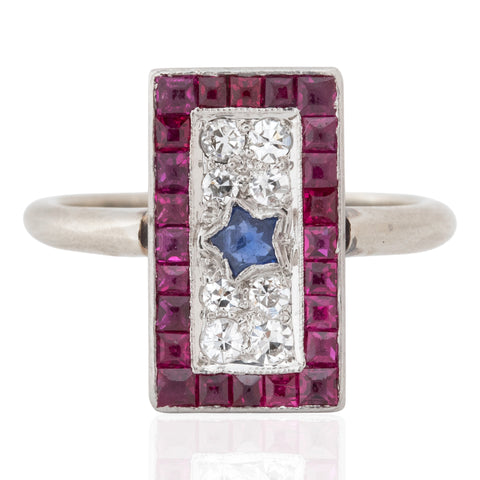 Vintage Star Diamond, Ruby & Sapphire Cluster Ring