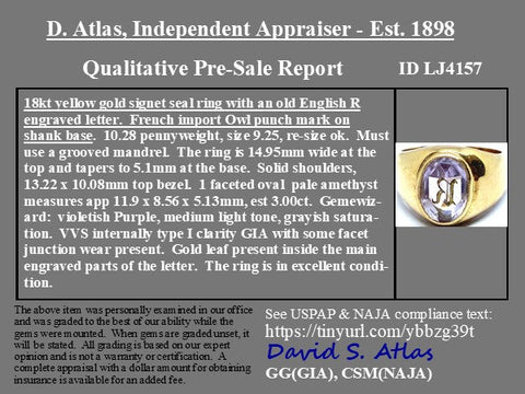 Antique carved amethyst initial R signet ring in 18kt yellow gold – alternate view 4
