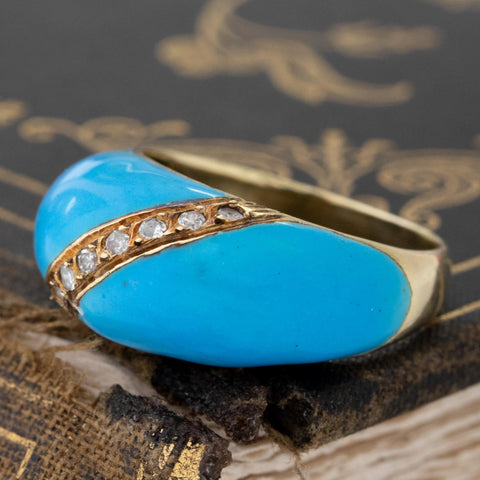 Antique rose cut diamond and turquoise enamel dome ring in 18kt yellow gold – alternate view 5