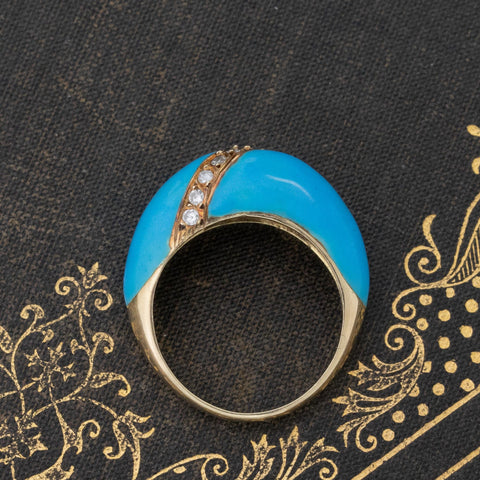 Antique rose cut diamond and turquoise enamel dome ring in 18kt yellow gold – alternate view 6