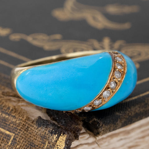 Antique rose cut diamond and turquoise enamel dome ring in 18kt yellow gold – alternate view 3