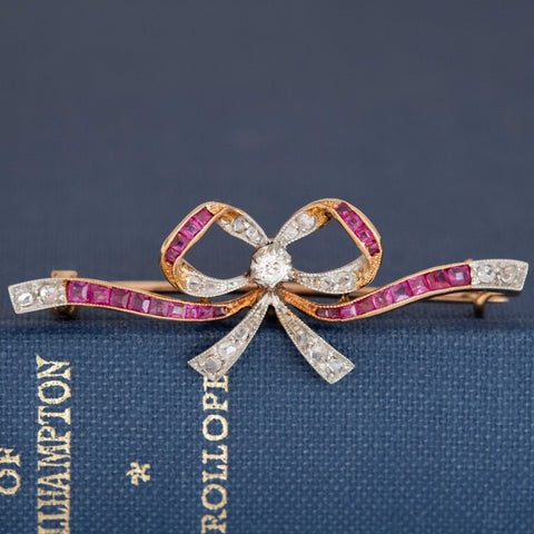 Antique Diamond & Ruby Bow Brooch