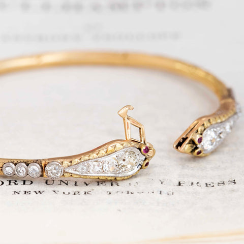 Antique Old European Cut Diamond Double Serpent Bangle