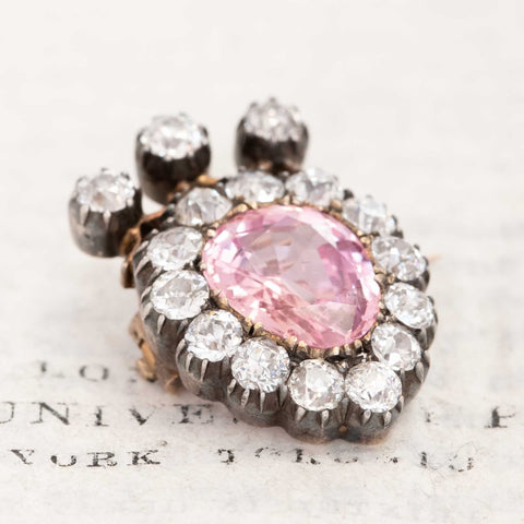 Antique Padparadscha & Old European Cut Diamond Crown Brooch