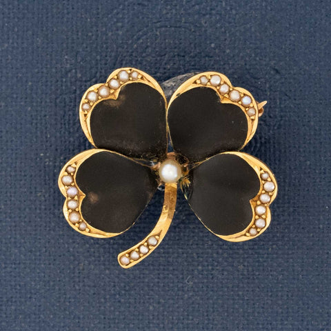 Victorian 4-leaf clover brooch in black enamel with seed pearl accents