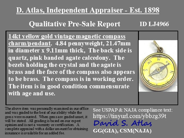 Pink agate compass pendant measuring 21.3 mm in diameter with the appraisal