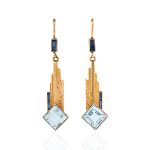 Art Deco aquamarine and sapphire drop earrings in 18kt yellow gold, 3.40ctw aquamarines