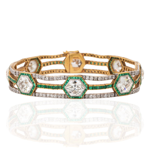 Art Deco French hexagonal old cut diamond and cabochon emerald bracelet, 20.00ctw, platinum and 18K gold – alternate view 3