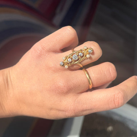 Art Nouveau Old European Cut Diamond & Pearl Dinner Ring