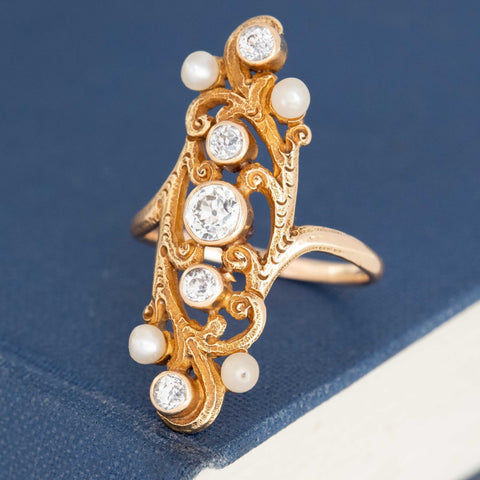 Art Nouveau Old European Cut Diamond & Pearl Dinner Ring