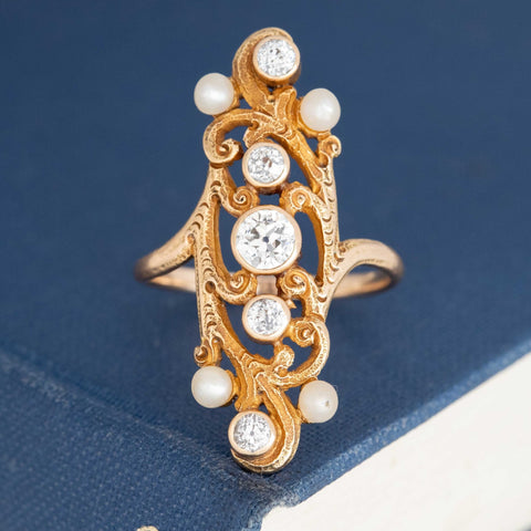 Art Nouveau Old European Cut Diamond & Pearl Dinner Ring