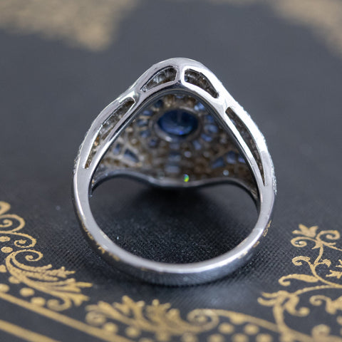 2.25ctw Art Deco style oval sapphire, calibre sapphire and diamond cocktail ring in 18kt white gold – alternate view 6