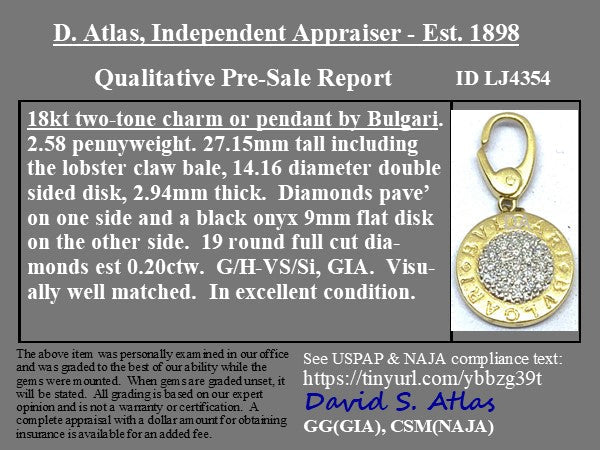 Luxury vintage Bvlgari pendant crafted in 18k yellow gold with pavé-set brilliant white diamonds and bold BVLGARI logo, authentic collectible Italian designer jewelry offered by Jewels by Grace