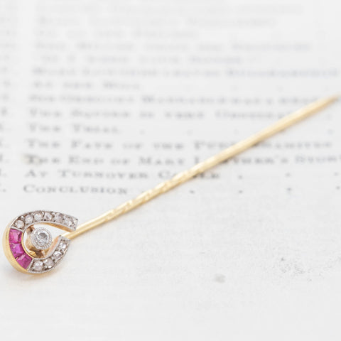 Edwardian Diamond & Ruby Horseshoe Stick Pin