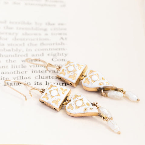 Vintage red enamel and rice pearl reversible drop earrings in 14kt yellow gold – alternate view 7