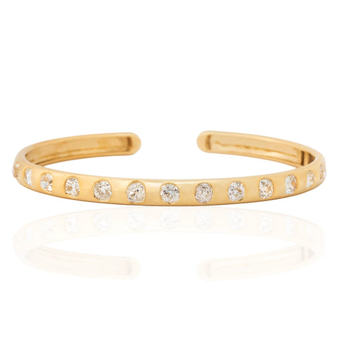 Old mine cut diamond flush set hinged cuff bangle, 4.61ctw, 18K yellow gold
