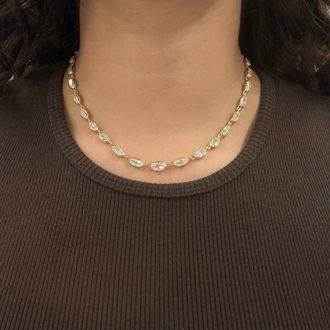 Oval step cut diamond tennis necklace, 20.07ctw, 32 GIA certified diamonds in 18K yellow gold – alternate view 2