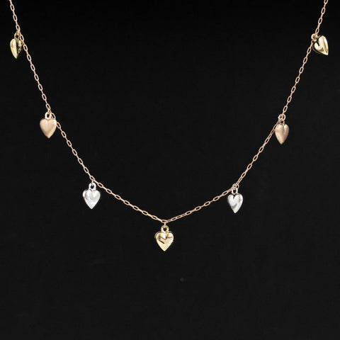 Tri-Tone Puffy Heart Station Necklace, Yellow Gold Chain