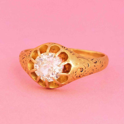 Victorian belcher solitaire ring with .95ct old European cut diamond in 18kt yellow gold