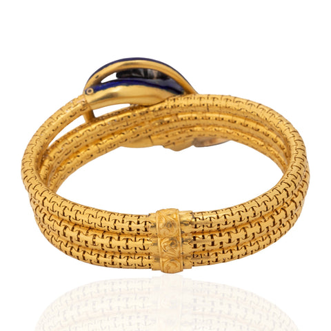 Victorian cobalt blue enamel and old mine cut diamond serpent snake bracelet with heart drop, 1.94ctw, 18K gold – alternate view 3