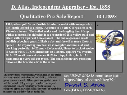 Victorian cobalt blue enamel and old mine cut diamond serpent snake bracelet with heart drop, 1.94ctw, 18K gold – alternate view 4
