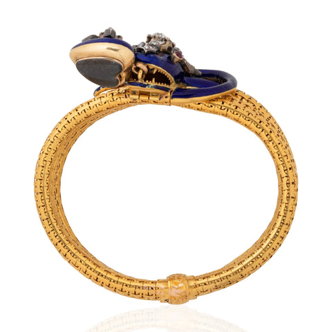 Victorian cobalt blue enamel and old mine cut diamond serpent snake bracelet with heart drop, 1.94ctw, 18K gold – alternate view 5
