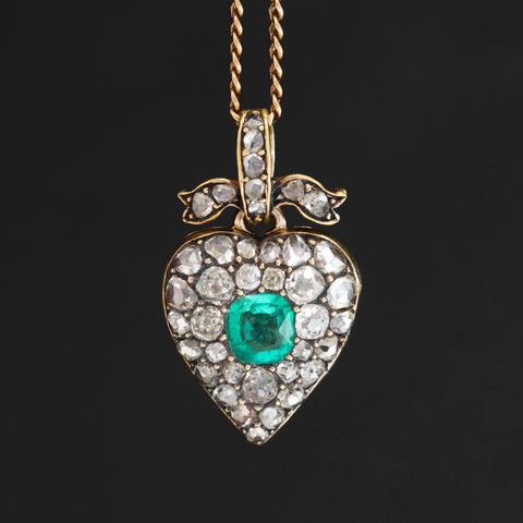Victorian emerald and diamond heart locket pendant