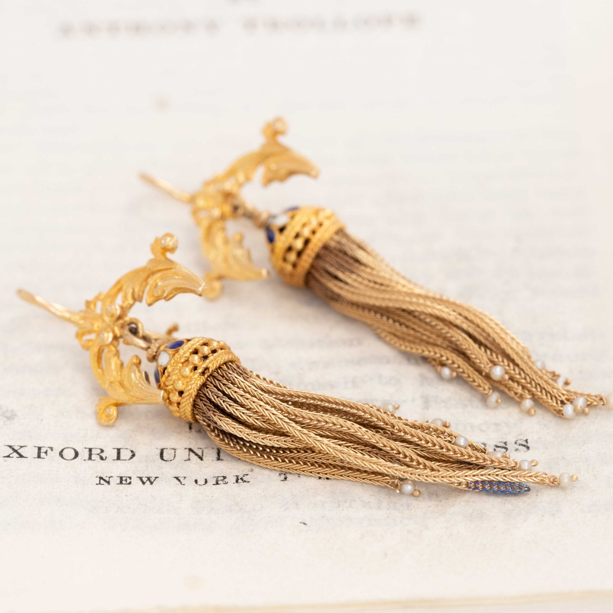Pair of 19th-century Victorian earrings with blue enamel and pearl-tipped gold tassels