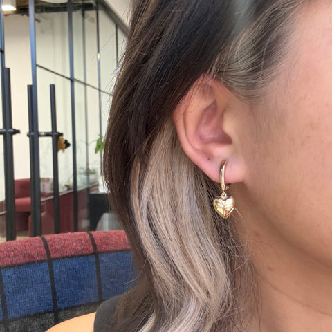 Vintage 14K yellow gold puffy heart drop earrings on lever backs – alternate view 2