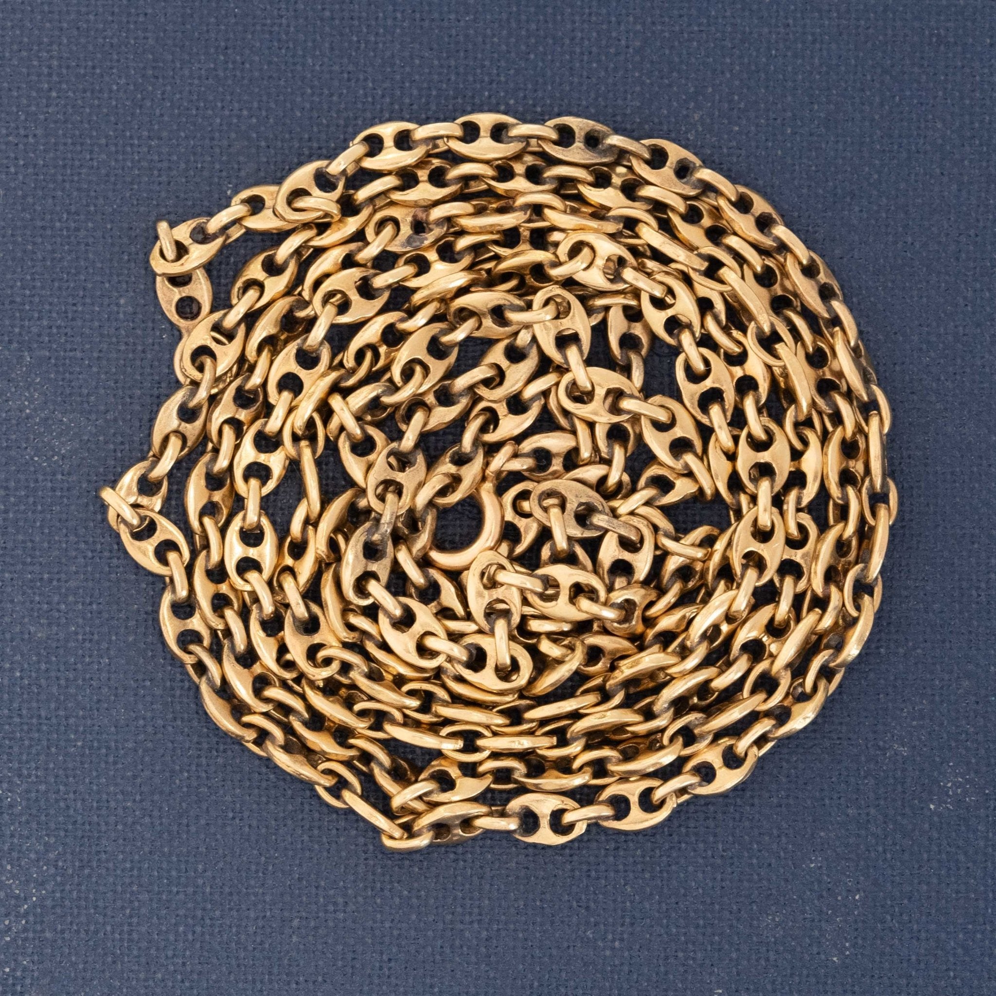 Detailed view of solid 14k yellow gold anchor link chain, 16.8 grams